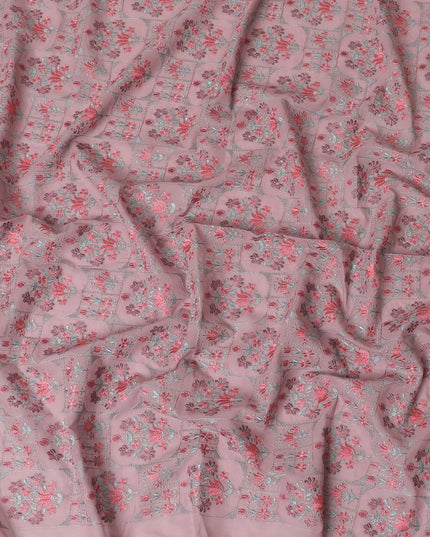Thulian pink cotton voile fabric with peach, sage green and grey embroidery in floral design-D9774