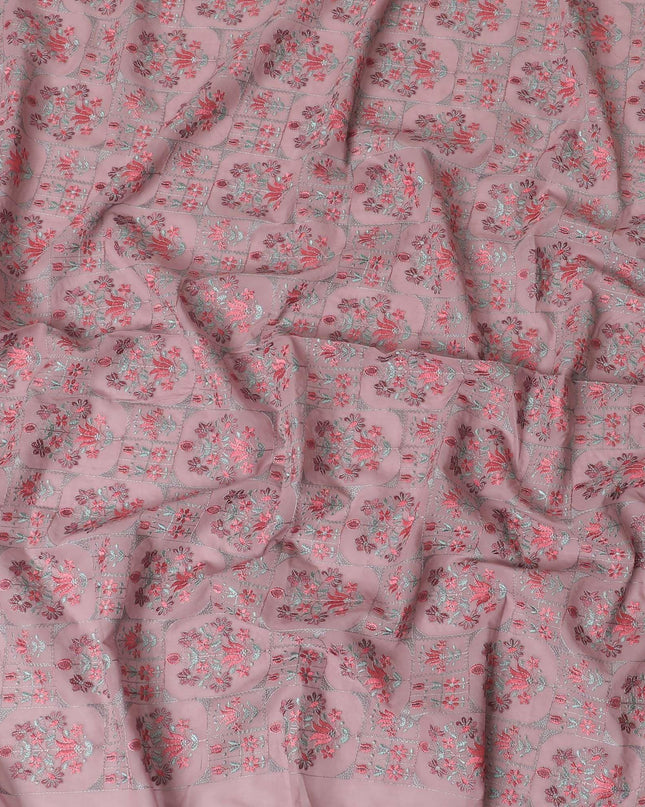 Thulian pink cotton voile fabric with peach, sage green and grey embroidery in floral design-D9774