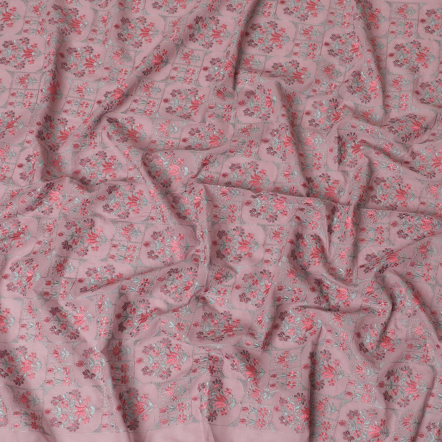 Thulian pink cotton voile fabric with peach, sage green and grey embroidery in floral design-D9774