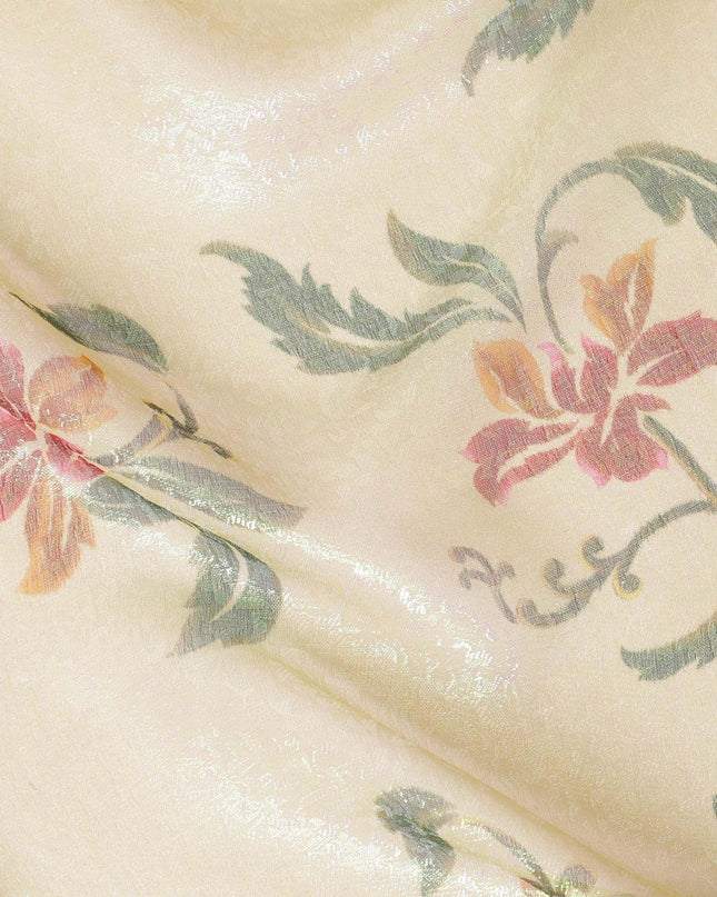 قماش شيفون من الحرير الخالص باللون البيج مع طباعة متعددة الألوان مع لوريكس معدني أخضر فاتح بتصميم الأزهار-D8881