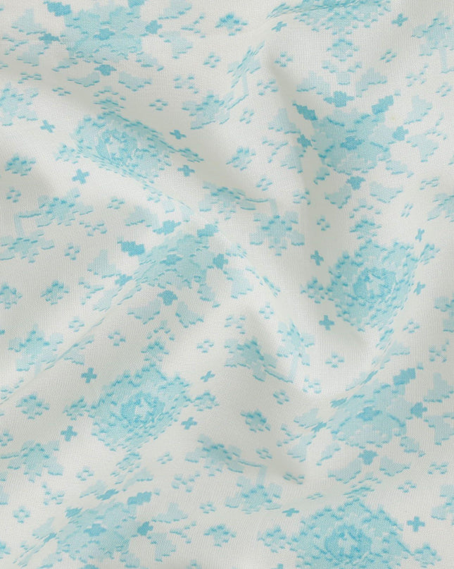 Off white cotton voile fabric with baby blue print in floral design-D15060