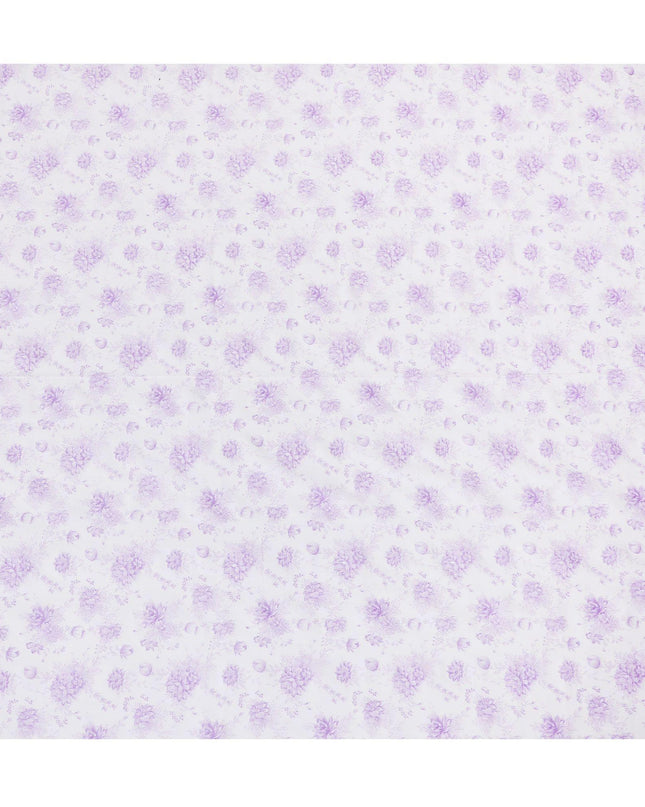 White cotton voile fabric with purple print in floral design-D15051
