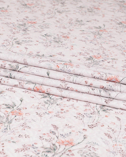 قماش فوال قطني مع تطريز بنفس اللون مع طباعة زيتونية خضراء وبرتقالية بتصميم زهور - D6992