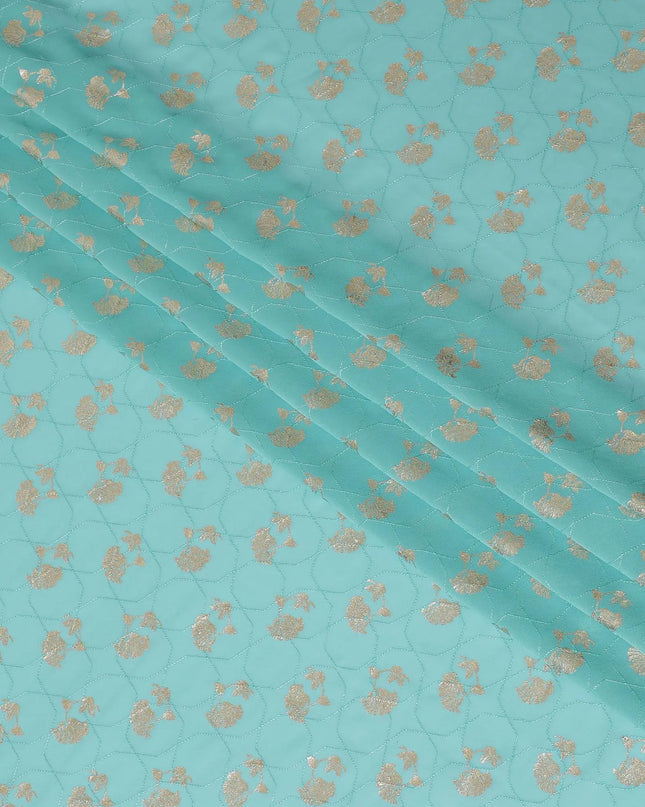 Tiffany blue synthetic georgette fabric with same tone embroidery having gold foil print in floral design-D12033 Regal Fabrics