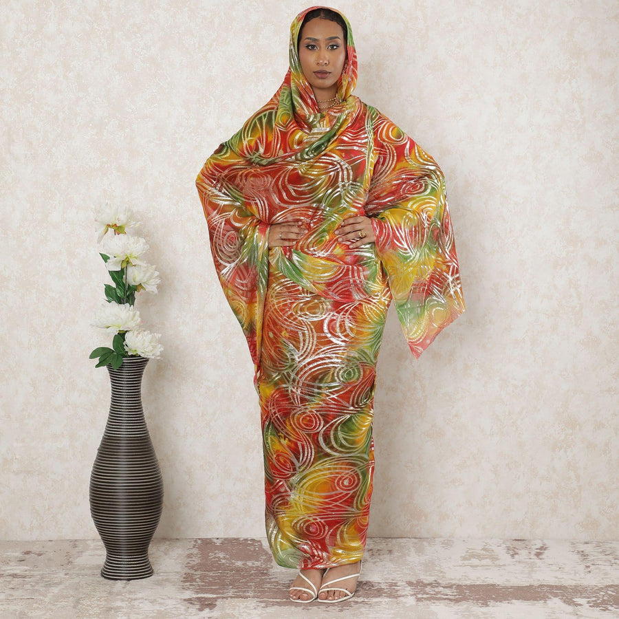Multicolor Premium pure silk chiffon thobe with gold metallic lurex in abstract design-D14394 Regal Fabrics