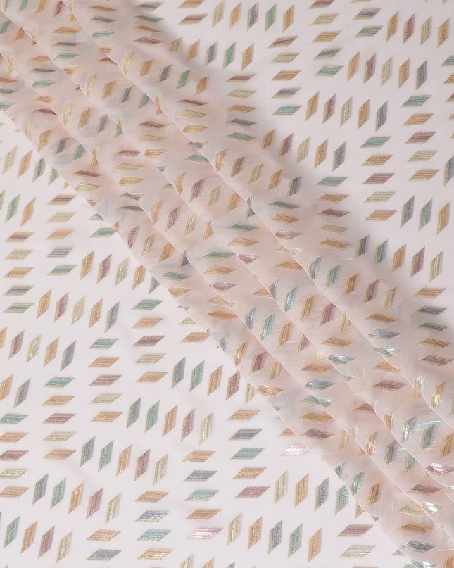 Light pink Premium pure silk chiffon fabric with multicolor metallic lurex in geometric design-D13135