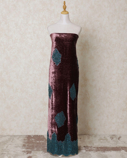 Wine silk blended velvet fabric with teal green embroidery having stone work in border design-D14103