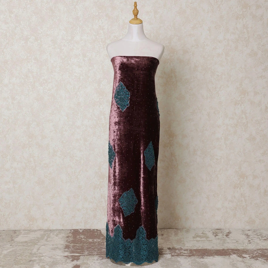 Wine silk blended velvet fabric with teal green embroidery having stone work in border design-D14103 Regal Fabrics