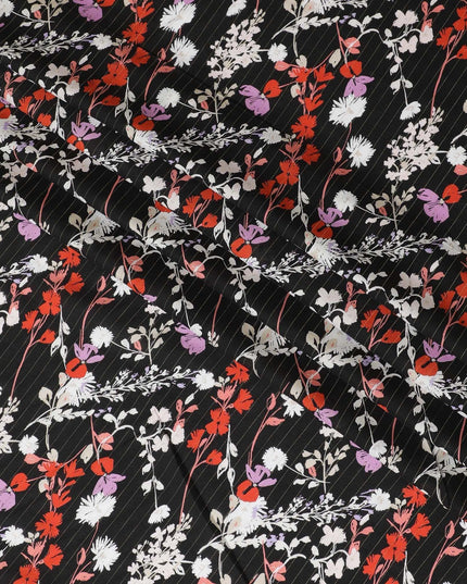 Black viscose crepe printed fabric with multi colour prints and metallic lurex in floral design-D11164