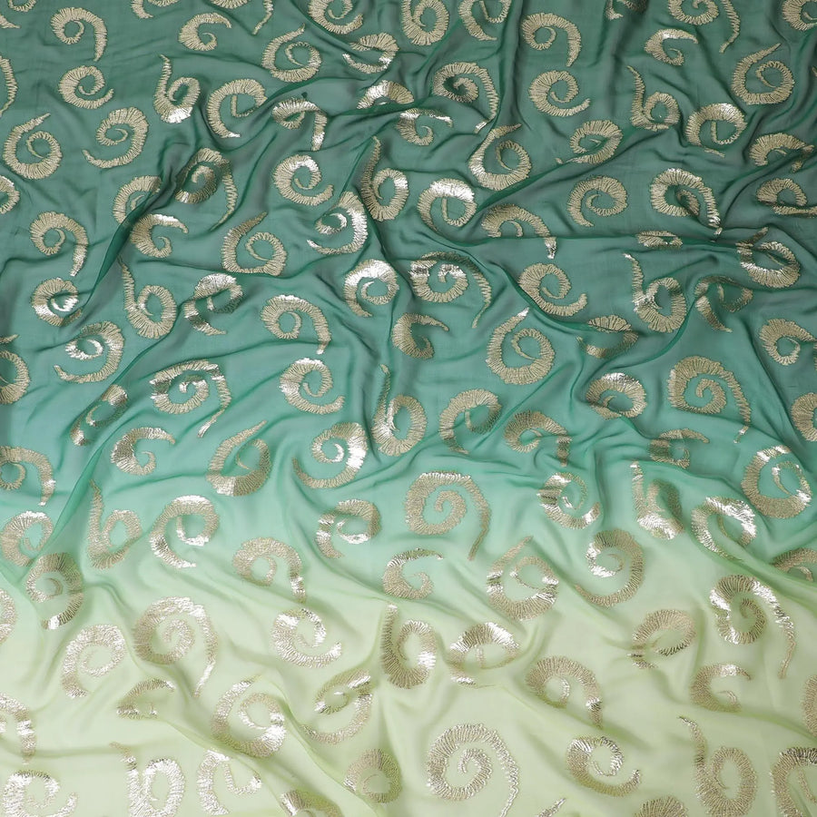 Sage green to forest green premium pure silk chiffon fabric with gold metallic lurex in ombre design-D13715 Regal Fabrics
