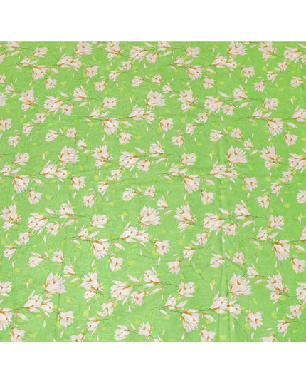 Screamin green uragiri cotton voile fabric with same tone jacquard having off white, light mustard and peach print in floral design-D7322
