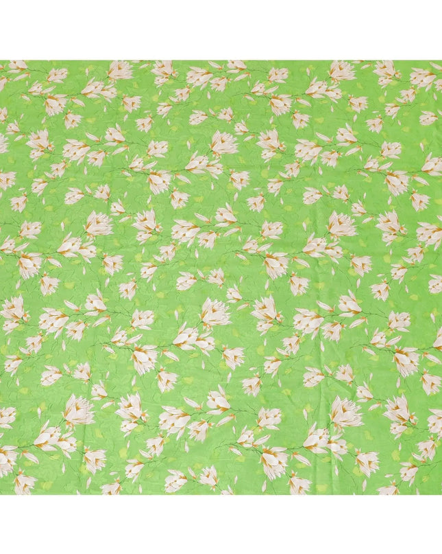 Screamin green uragiri cotton voile fabric with same tone jacquard having off white, light mustard and peach print in floral design-D7322 Regal Fabrics
