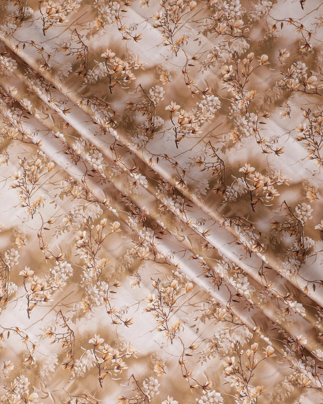 قماش ساتان قطني بني مع طباعة متعددة الألوان بتصميم زهور-D15259