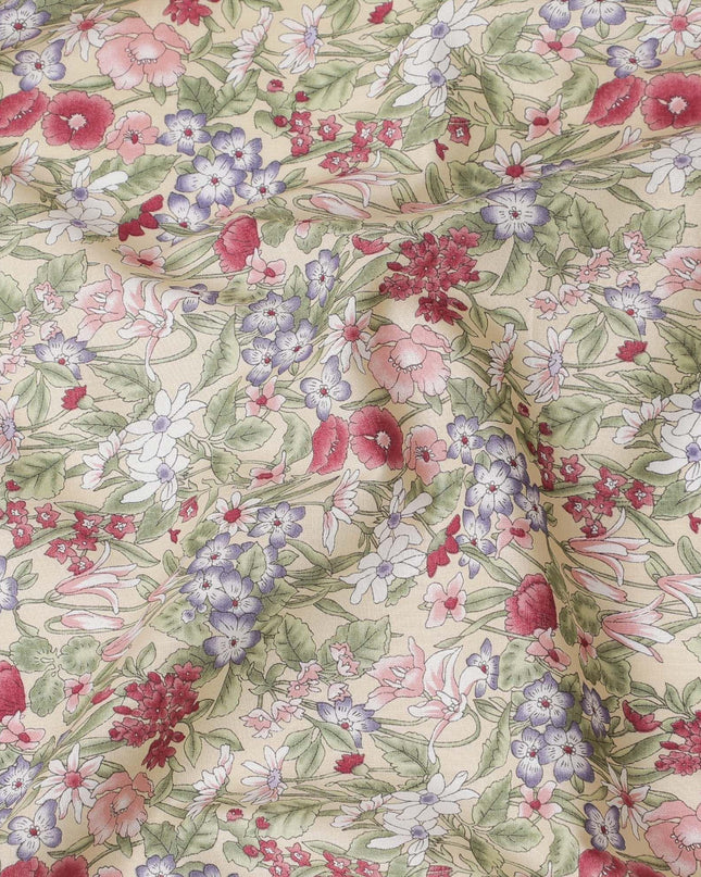 Beige cotton lawn fabric with multicolor print in floral design-D15222