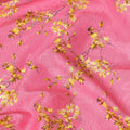 Hot pink uragiri cotton voile fabric with same tone jacquard having mustard yellow and black print in floral design-D14318