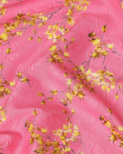 Hot pink uragiri cotton voile fabric with same tone jacquard having mustard yellow and black print in floral design-D14318
