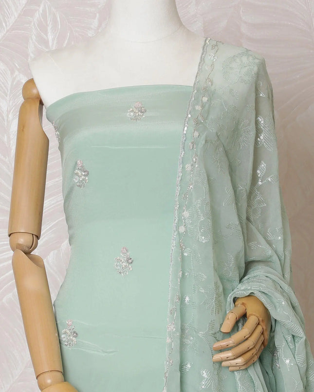 Mint green Premium pure silk crepe kameez with multicolor bead and sequin embroidery in floral design. Mint green plain salwar having same tone chiffon dupatta with multicolor bead and sequin embrodiery-D15004 Regal Fabrics