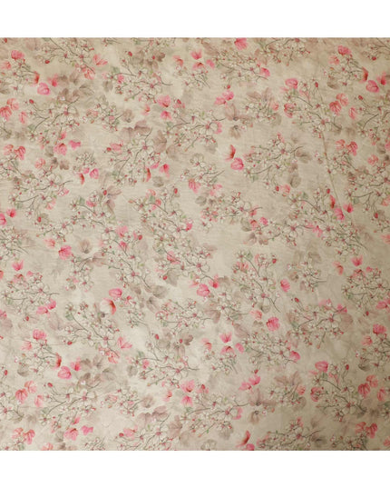 Latte beige viscose fabric with olive green and baby pink print having gold laminated stone work in floral design-D9267