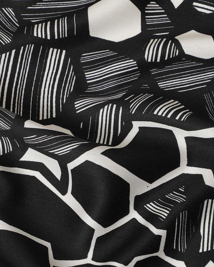 Black Premium Italian viscose fabric with cream print in abstract design-D12522