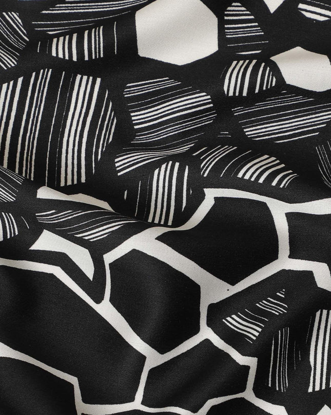 Black Premium Italian viscose fabric with cream print in abstract design-D12522