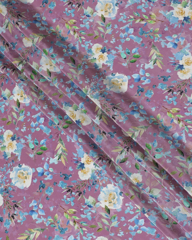 قماش كريب صناعي لافندر مع طباعة متعددة الألوان بتصميم زهور-D14466