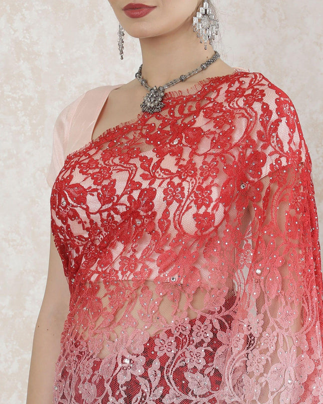 Multicolor Premium pure French chantilly lace saree having stone work in floral design-D14521