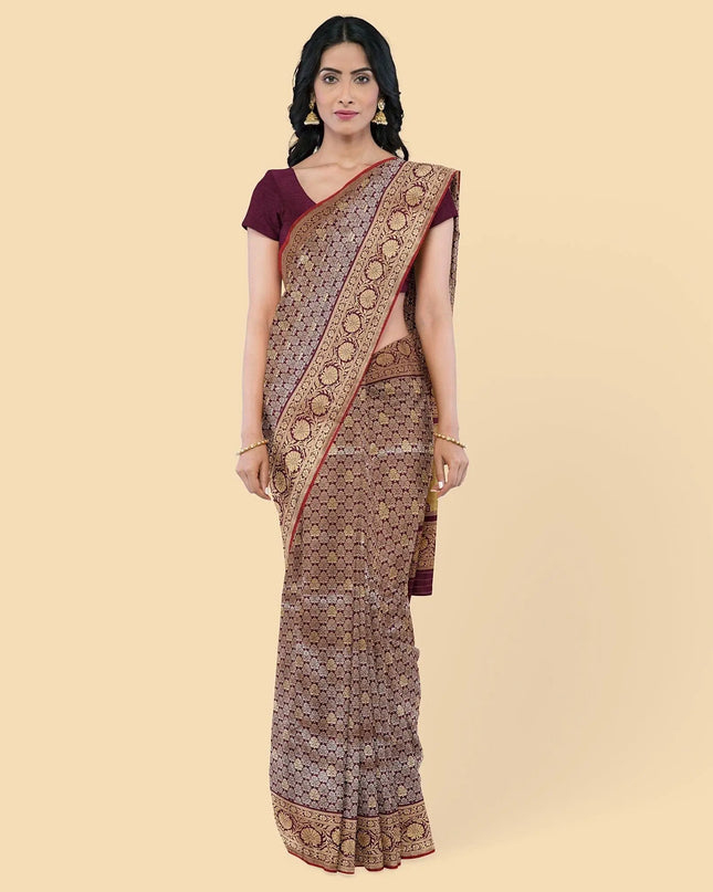 Purple imitation silk saree with gold jacquard in floral design-D12779 Regal Fabrics