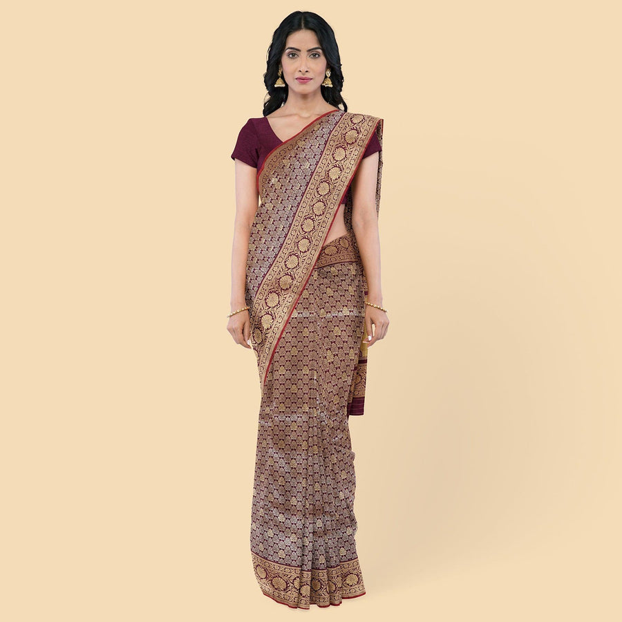 ساري حرير أرجواني مقلد مع جاكار ذهبي بتصميم زهور-D12779