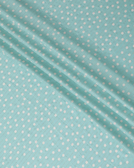 Mint green viscose crepe printed fabric with golden lurex in polka dot design-D11156