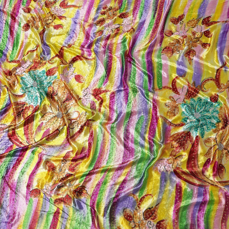 Pear green to bumblebee yellow Rayon velvet fabric with multicolor strokes and stones in floral design