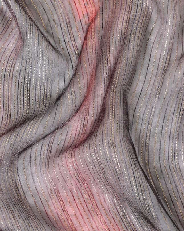 Black pure silk chiffon fabric with brick red print having gold metallic lurex in stripe design-D8974
