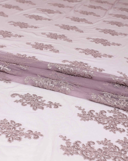 Thistle purple nylon tulle fabric with same tone embroidery in floral design-D6685