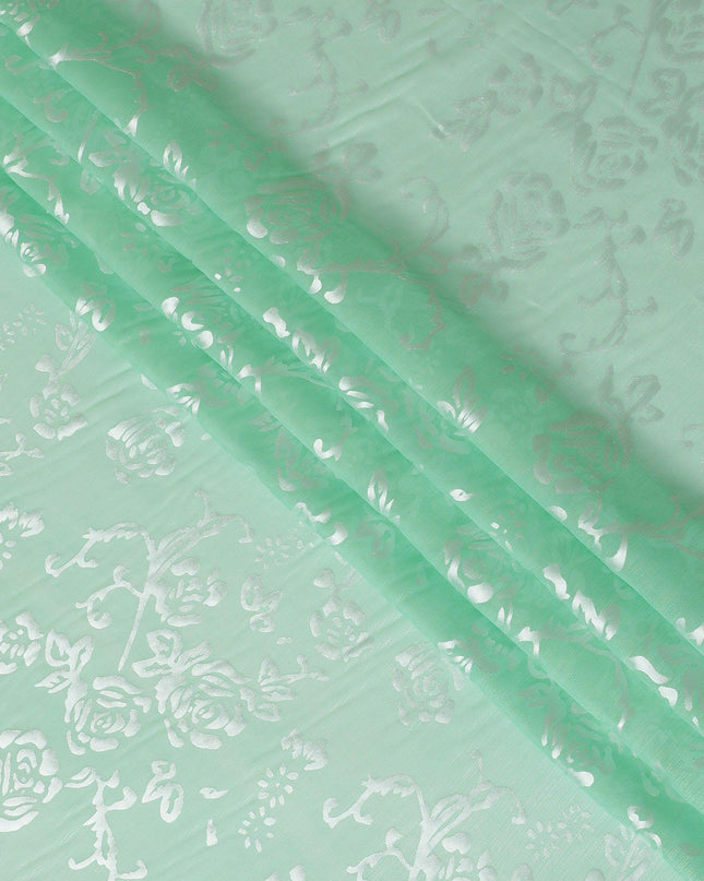 Mint green Premim pure silk chiffon fabric with silver jacquard in floral design-D15328
