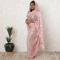 Salmon peach premium pure silk chiffon thobe with blue and gold metallic lurex in dot design-D11640 Regal Fabrics