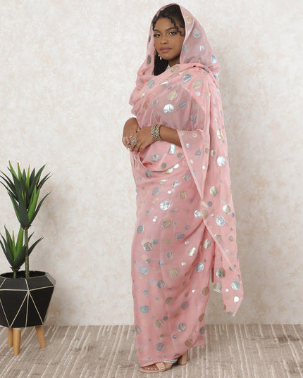 Salmon peach premium pure silk chiffon thobe with blue and gold metallic lurex in dot design-D11640 Regal Fabrics