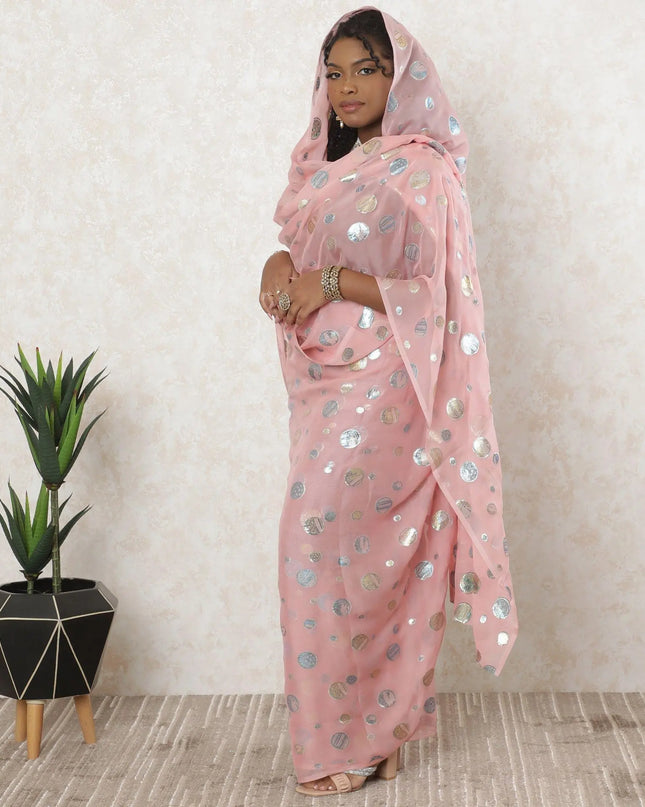 Salmon peach premium pure silk chiffon thobe with blue and gold metallic lurex in dot design-D11640 Regal Fabrics
