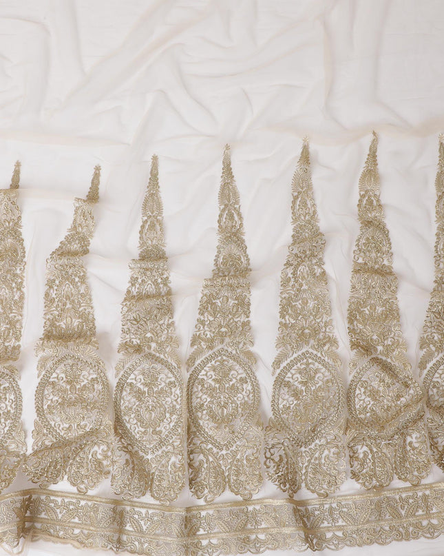 Light gold nylon tulle fabric with gold embroidery in floral design-D11761