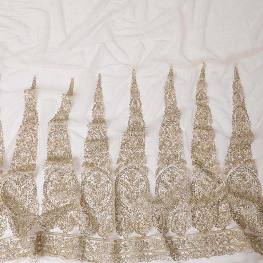 Light gold nylon tulle fabric with gold embroidery in floral design-D11761