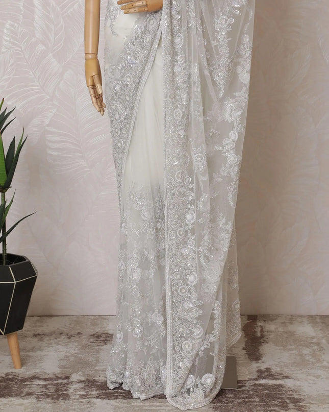 White Premium tulle saree with same tone embroidery having lavender sequin work and bead work in floral design-D15584 Regal Fabrics