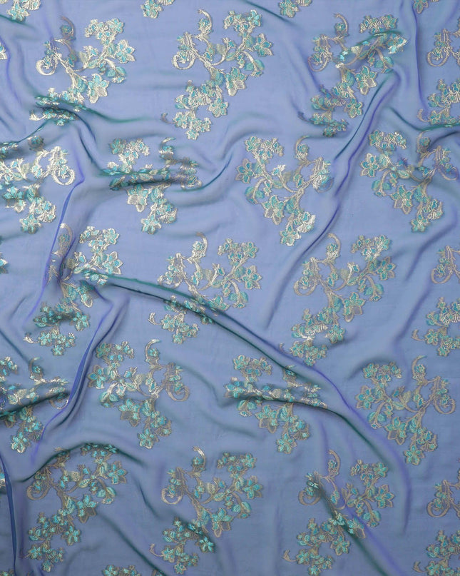 قماش من الشيفون الحريري الخالص الفاخر ذو اللونين الأزرق البروسي مع الفيسكوز الأزرق والوركس المعدني الذهبي بتصميم الأزهار-D13184