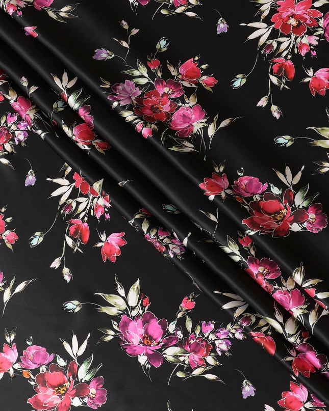 Black premium pure silk satin fabric with multicolor print in floral design-D14290