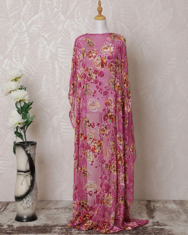 Baby pink Premium pure silk blended velvet makmal dirac fabric with multicolor print and same tone metallic lurex in floral design-D14879