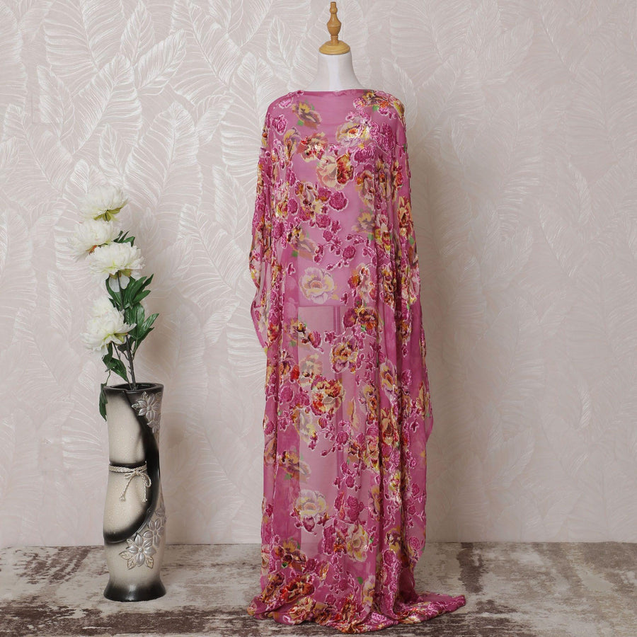 قماش Makmal Dirac المخملي الفاخر المخلوط من الحرير الخالص باللون الوردي الفاتح مع طباعة متعددة الألوان ونفس اللون من اللوريكس المعدني بتصميم الأزهار-D14879