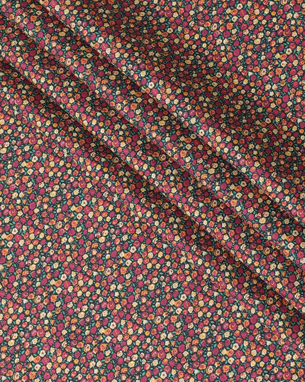 Black 100% Swiss cotton lawn fabric with magenta pink, peach and turquoise green print in floral design-D10103