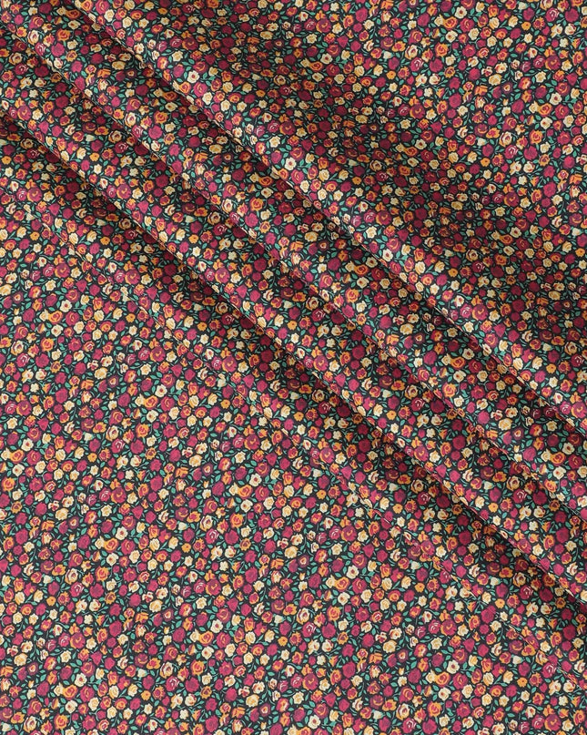 Black 100% Swiss cotton lawn fabric with magenta pink, peach and turquoise green print in floral design-D10103