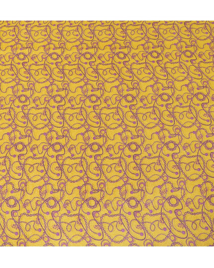نسيج مخملي فاخر من الحرير الإيطالي الخالص من Cyber ​​Yellow مع طباعة أرجوانية أرجوانية بتصميم فاخر-D13840