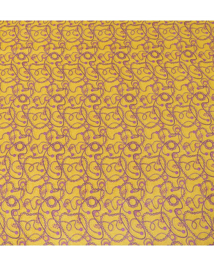 Cyber yellow Premium pure Italian silk blended burnout velvet fabric with magenta purple print in fancy design-D13840