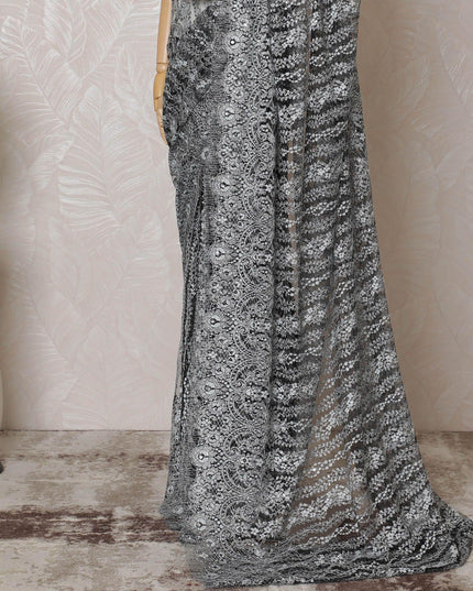 Black, silver Premium pure French metallic chantilly lace saree having stone work in floral design-D14620