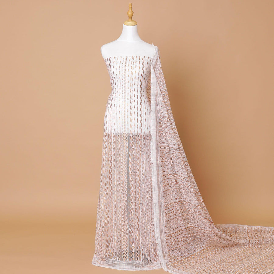 White Premium Wedding French chantilly lace fabric with copper metallic stripe design-D8366