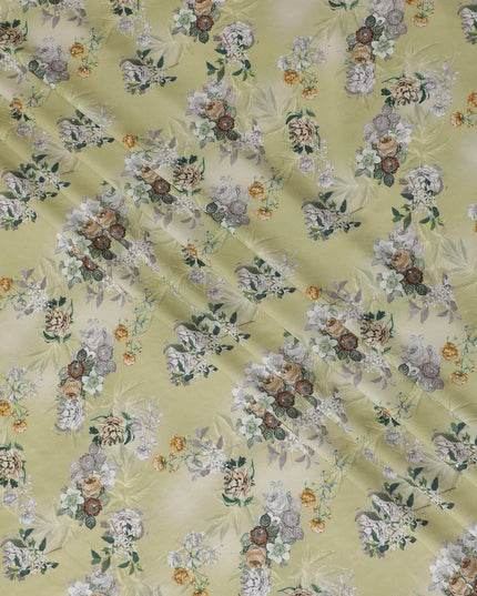Sage green synthetic crepe fabric with multicolor print having stone work in floral design-D15312